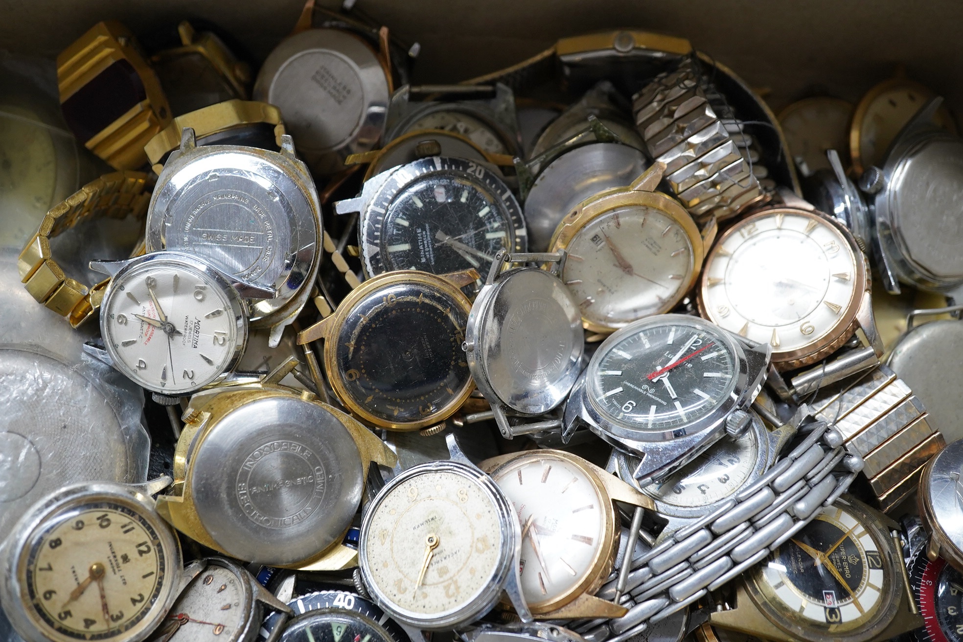 A large collection of assorted mainly gentleman's wrist and pocket watches, including Smiths, Oris and Ingersoll. Condition - poor to fair